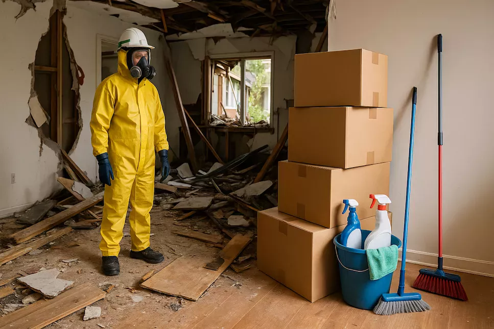 “Förstört hem med räddningsarbetare och städutrustning på plats – symboliserar flytt och återställning efter naturkatastrof med fokus på sanering, trygghet och nystart”